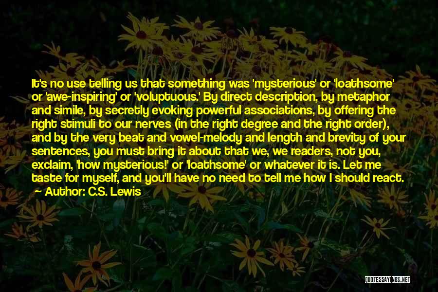 C.S. Lewis Quotes: It's No Use Telling Us That Something Was 'mysterious' Or 'loathsome' Or 'awe-inspiring' Or 'voluptuous.' By Direct Description, By Metaphor