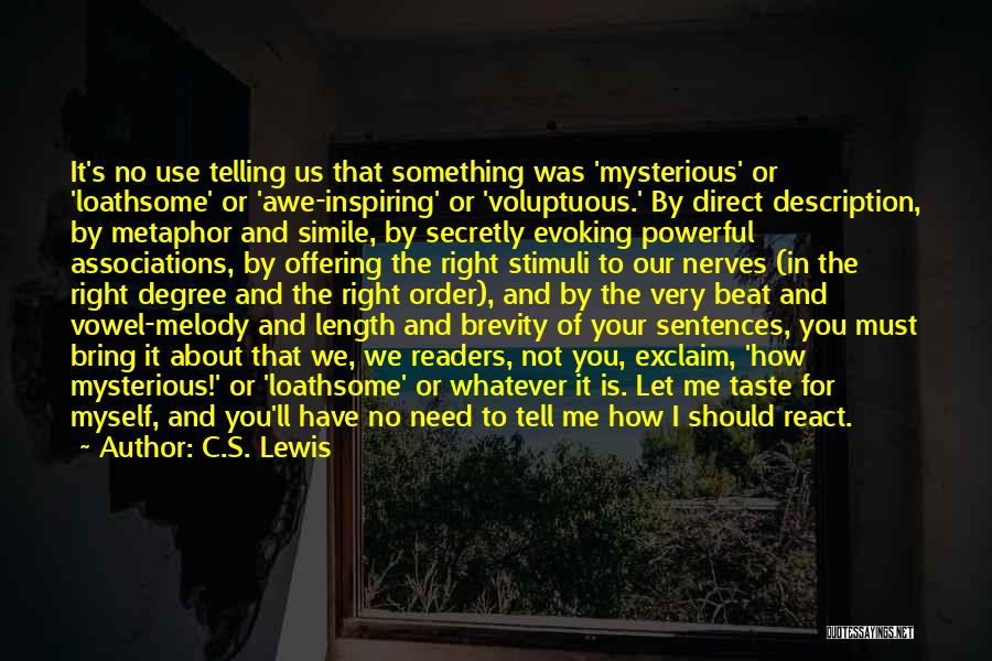 C.S. Lewis Quotes: It's No Use Telling Us That Something Was 'mysterious' Or 'loathsome' Or 'awe-inspiring' Or 'voluptuous.' By Direct Description, By Metaphor