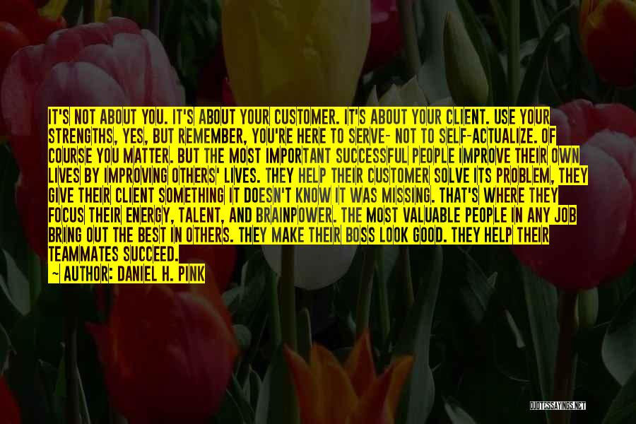 Daniel H. Pink Quotes: It's Not About You. It's About Your Customer. It's About Your Client. Use Your Strengths, Yes, But Remember, You're Here