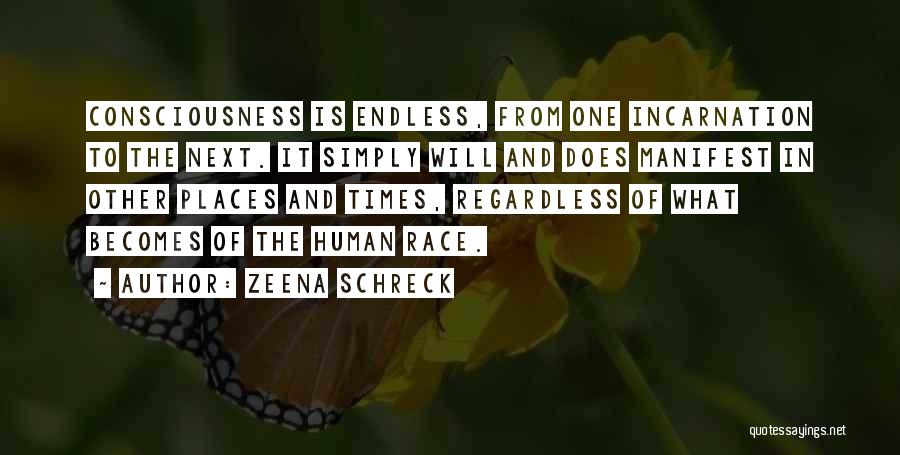 Zeena Schreck Quotes: Consciousness Is Endless, From One Incarnation To The Next. It Simply Will And Does Manifest In Other Places And Times,