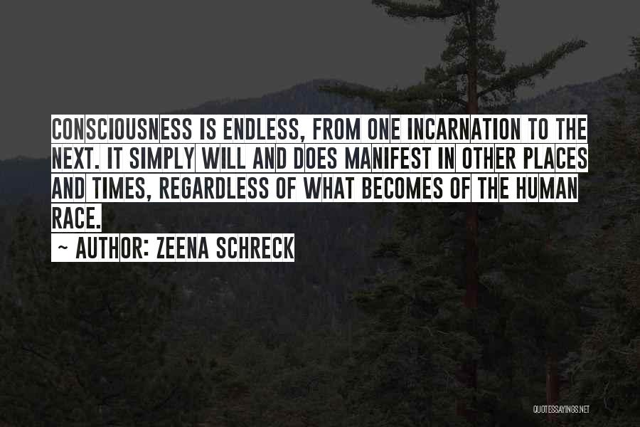 Zeena Schreck Quotes: Consciousness Is Endless, From One Incarnation To The Next. It Simply Will And Does Manifest In Other Places And Times,