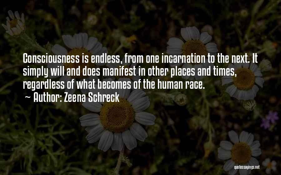 Zeena Schreck Quotes: Consciousness Is Endless, From One Incarnation To The Next. It Simply Will And Does Manifest In Other Places And Times,