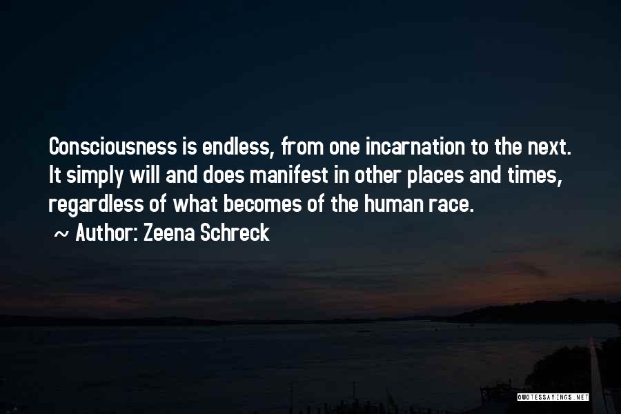 Zeena Schreck Quotes: Consciousness Is Endless, From One Incarnation To The Next. It Simply Will And Does Manifest In Other Places And Times,