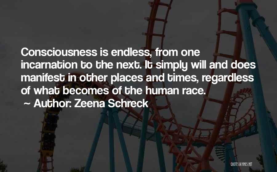 Zeena Schreck Quotes: Consciousness Is Endless, From One Incarnation To The Next. It Simply Will And Does Manifest In Other Places And Times,