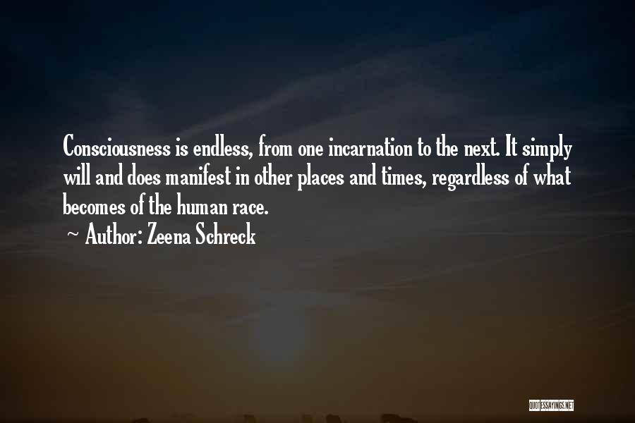 Zeena Schreck Quotes: Consciousness Is Endless, From One Incarnation To The Next. It Simply Will And Does Manifest In Other Places And Times,