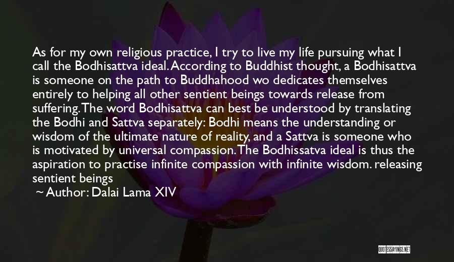 Dalai Lama XIV Quotes: As For My Own Religious Practice, I Try To Live My Life Pursuing What I Call The Bodhisattva Ideal. According