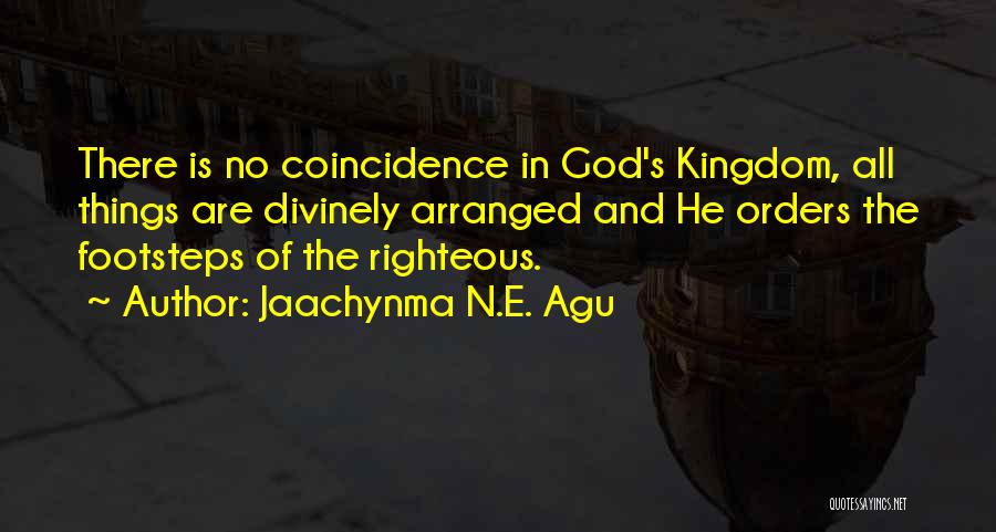 Jaachynma N.E. Agu Quotes: There Is No Coincidence In God's Kingdom, All Things Are Divinely Arranged And He Orders The Footsteps Of The Righteous.