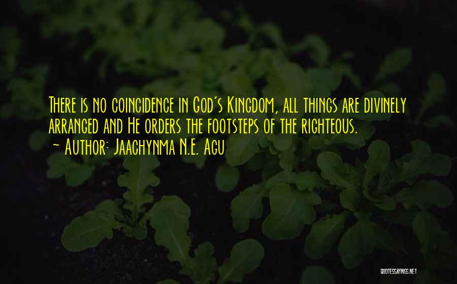 Jaachynma N.E. Agu Quotes: There Is No Coincidence In God's Kingdom, All Things Are Divinely Arranged And He Orders The Footsteps Of The Righteous.