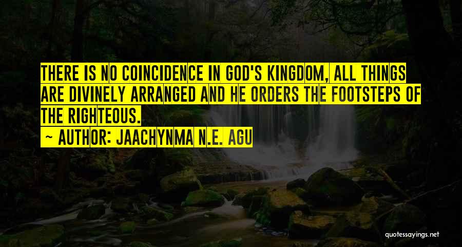 Jaachynma N.E. Agu Quotes: There Is No Coincidence In God's Kingdom, All Things Are Divinely Arranged And He Orders The Footsteps Of The Righteous.