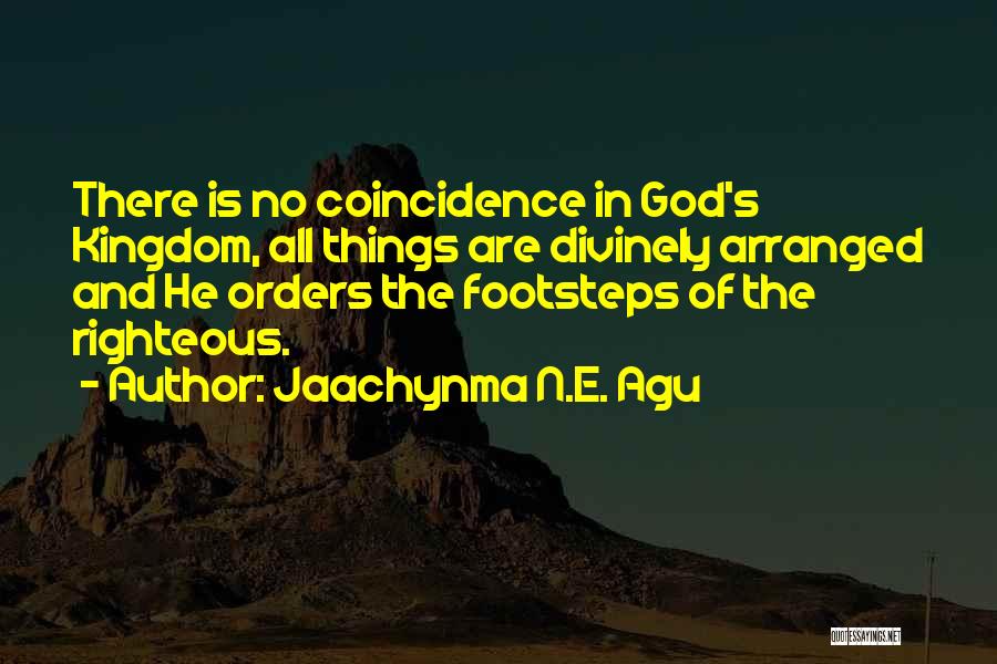 Jaachynma N.E. Agu Quotes: There Is No Coincidence In God's Kingdom, All Things Are Divinely Arranged And He Orders The Footsteps Of The Righteous.