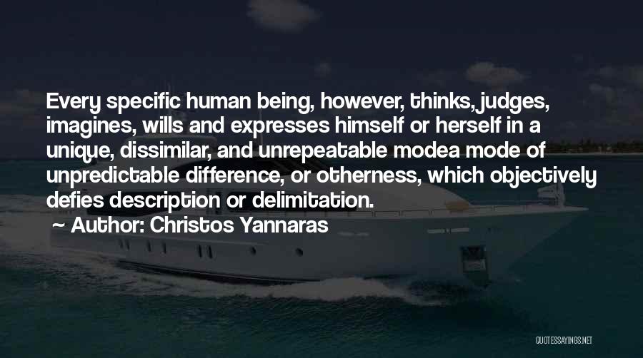 Christos Yannaras Quotes: Every Specific Human Being, However, Thinks, Judges, Imagines, Wills And Expresses Himself Or Herself In A Unique, Dissimilar, And Unrepeatable