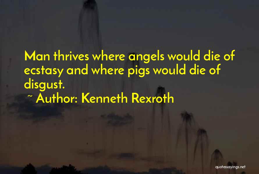 Kenneth Rexroth Quotes: Man Thrives Where Angels Would Die Of Ecstasy And Where Pigs Would Die Of Disgust.