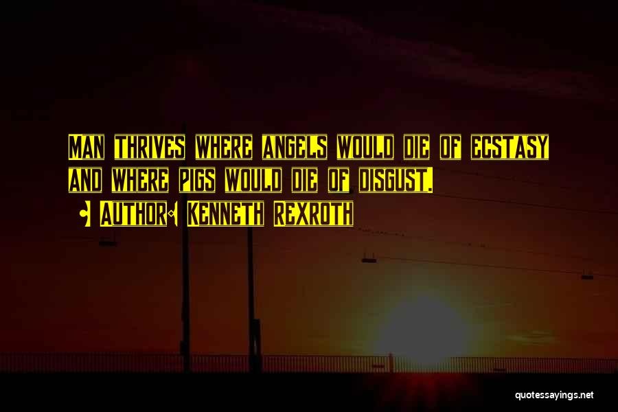 Kenneth Rexroth Quotes: Man Thrives Where Angels Would Die Of Ecstasy And Where Pigs Would Die Of Disgust.