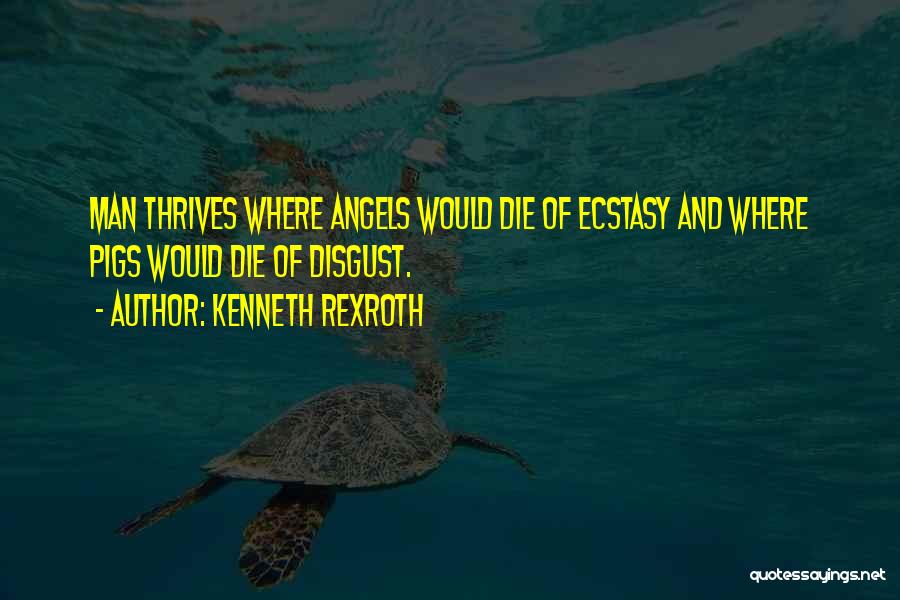 Kenneth Rexroth Quotes: Man Thrives Where Angels Would Die Of Ecstasy And Where Pigs Would Die Of Disgust.