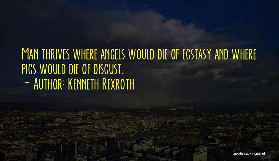 Kenneth Rexroth Quotes: Man Thrives Where Angels Would Die Of Ecstasy And Where Pigs Would Die Of Disgust.
