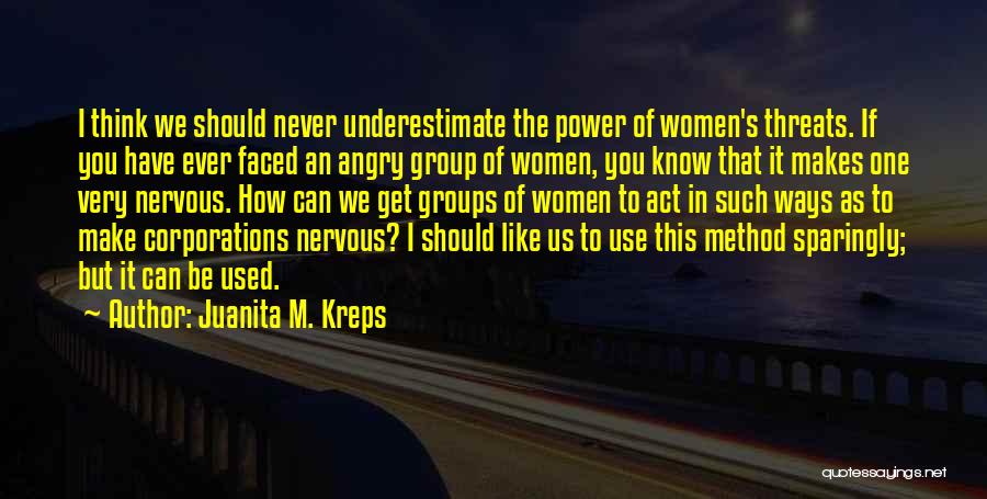 Juanita M. Kreps Quotes: I Think We Should Never Underestimate The Power Of Women's Threats. If You Have Ever Faced An Angry Group Of