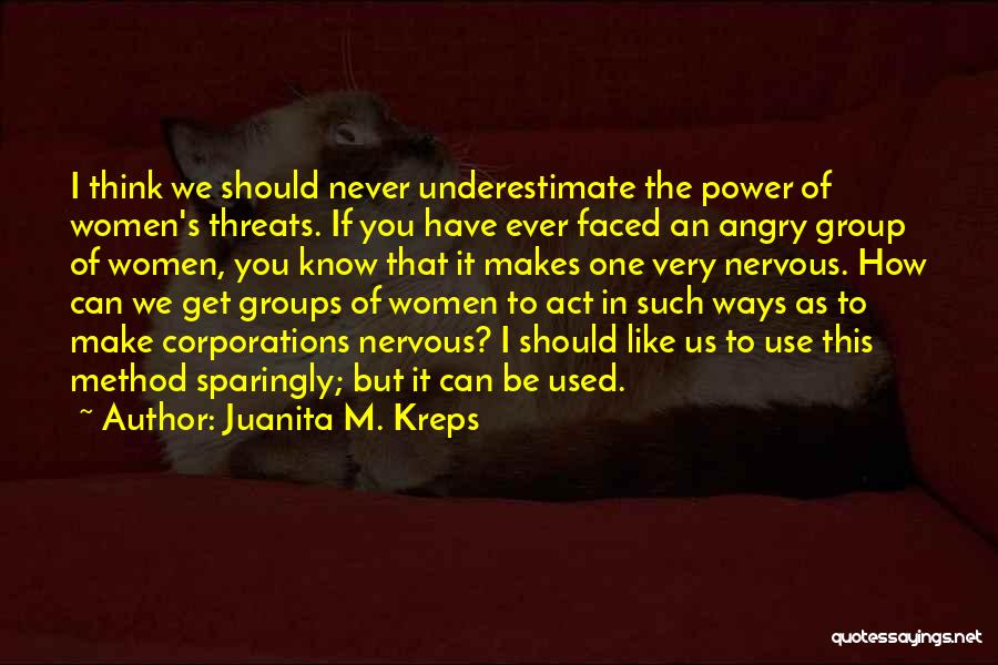 Juanita M. Kreps Quotes: I Think We Should Never Underestimate The Power Of Women's Threats. If You Have Ever Faced An Angry Group Of