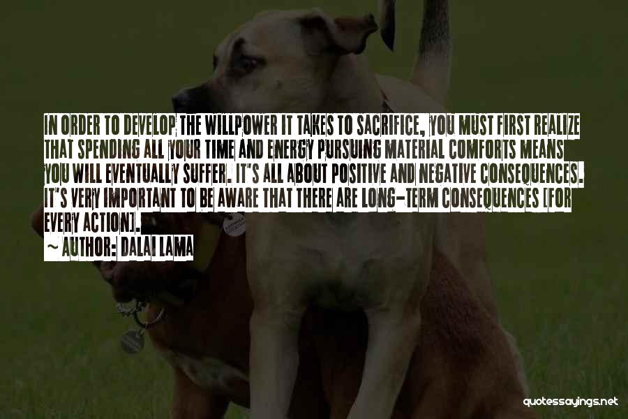 Dalai Lama Quotes: In Order To Develop The Willpower It Takes To Sacrifice, You Must First Realize That Spending All Your Time And