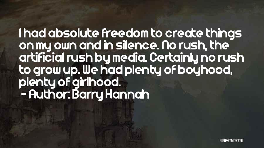 Barry Hannah Quotes: I Had Absolute Freedom To Create Things On My Own And In Silence. No Rush, The Artificial Rush By Media.