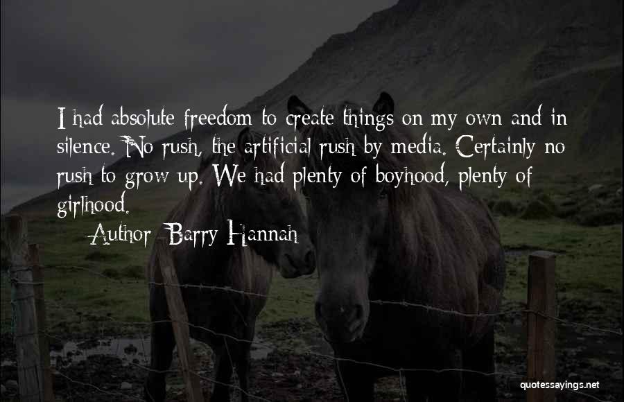 Barry Hannah Quotes: I Had Absolute Freedom To Create Things On My Own And In Silence. No Rush, The Artificial Rush By Media.