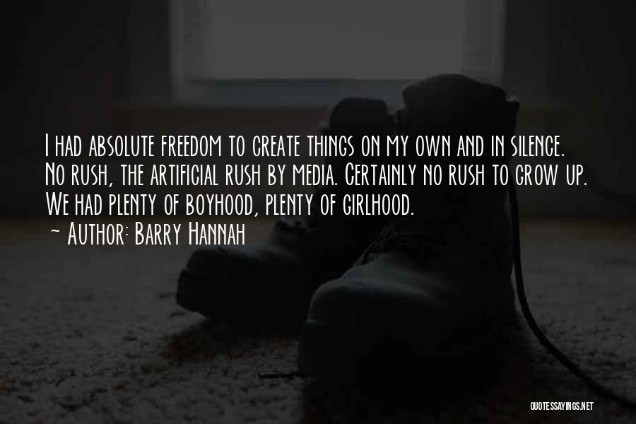 Barry Hannah Quotes: I Had Absolute Freedom To Create Things On My Own And In Silence. No Rush, The Artificial Rush By Media.