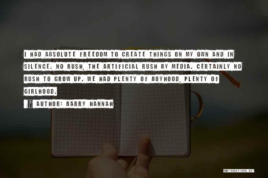 Barry Hannah Quotes: I Had Absolute Freedom To Create Things On My Own And In Silence. No Rush, The Artificial Rush By Media.