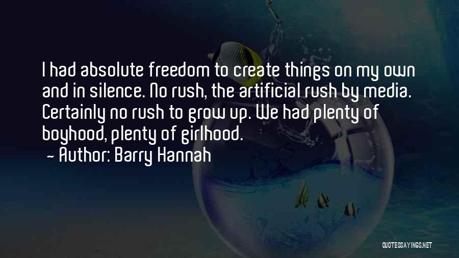 Barry Hannah Quotes: I Had Absolute Freedom To Create Things On My Own And In Silence. No Rush, The Artificial Rush By Media.