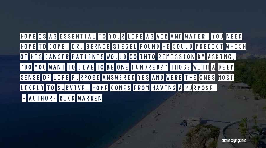 Rick Warren Quotes: Hope Is As Essential To Your Life As Air And Water. You Need Hope To Cope. Dr. Bernie Siegel Found