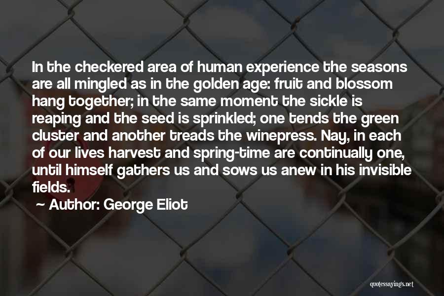 George Eliot Quotes: In The Checkered Area Of Human Experience The Seasons Are All Mingled As In The Golden Age: Fruit And Blossom