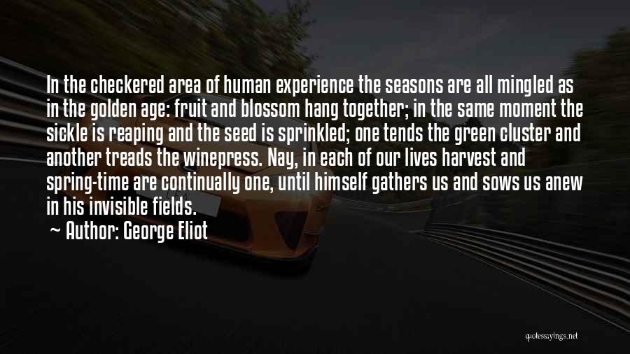 George Eliot Quotes: In The Checkered Area Of Human Experience The Seasons Are All Mingled As In The Golden Age: Fruit And Blossom