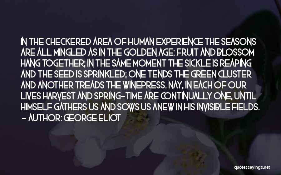 George Eliot Quotes: In The Checkered Area Of Human Experience The Seasons Are All Mingled As In The Golden Age: Fruit And Blossom