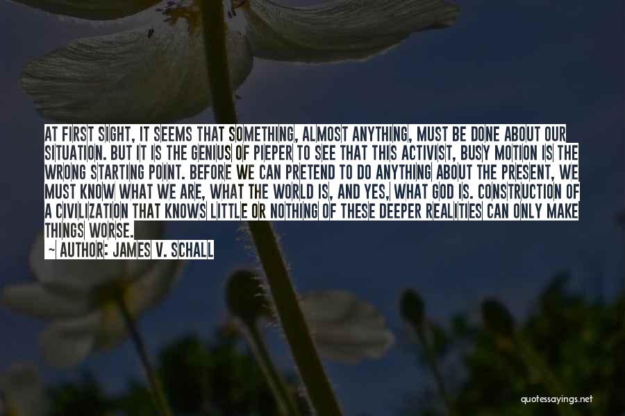 James V. Schall Quotes: At First Sight, It Seems That Something, Almost Anything, Must Be Done About Our Situation. But It Is The Genius