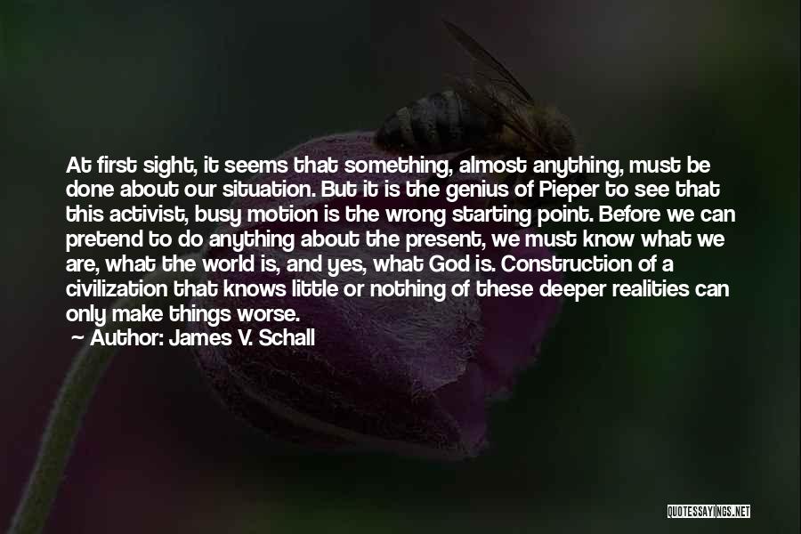 James V. Schall Quotes: At First Sight, It Seems That Something, Almost Anything, Must Be Done About Our Situation. But It Is The Genius