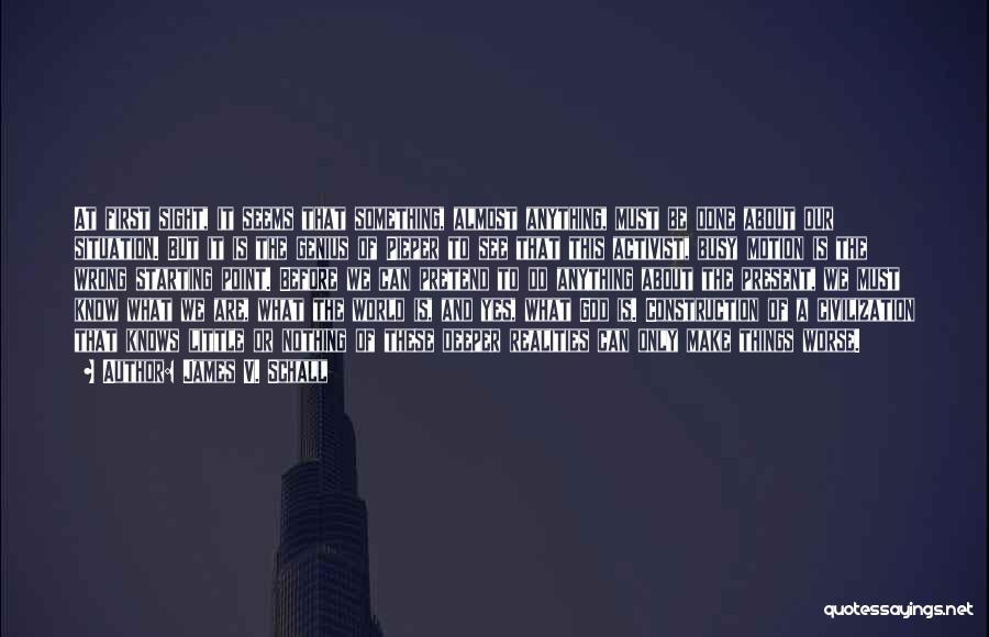 James V. Schall Quotes: At First Sight, It Seems That Something, Almost Anything, Must Be Done About Our Situation. But It Is The Genius