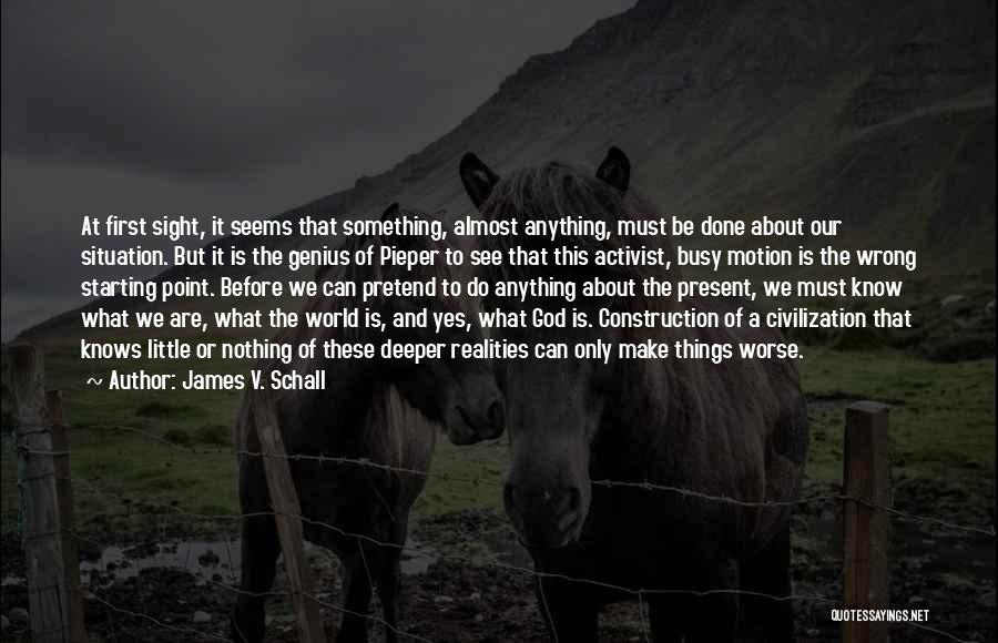 James V. Schall Quotes: At First Sight, It Seems That Something, Almost Anything, Must Be Done About Our Situation. But It Is The Genius