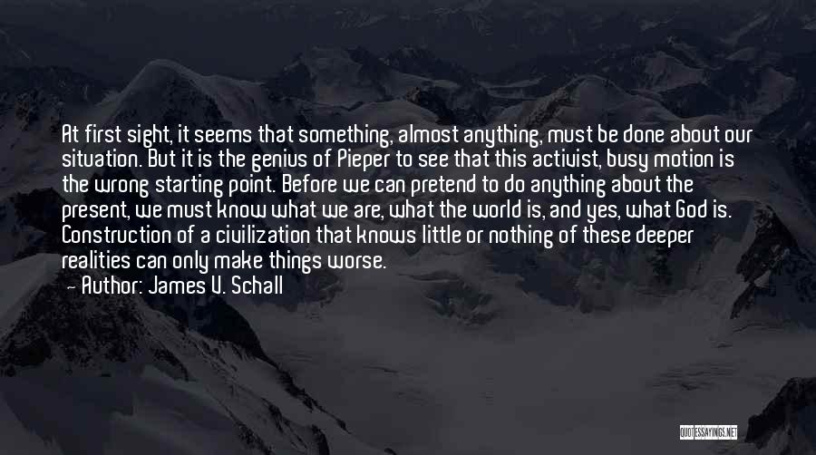 James V. Schall Quotes: At First Sight, It Seems That Something, Almost Anything, Must Be Done About Our Situation. But It Is The Genius