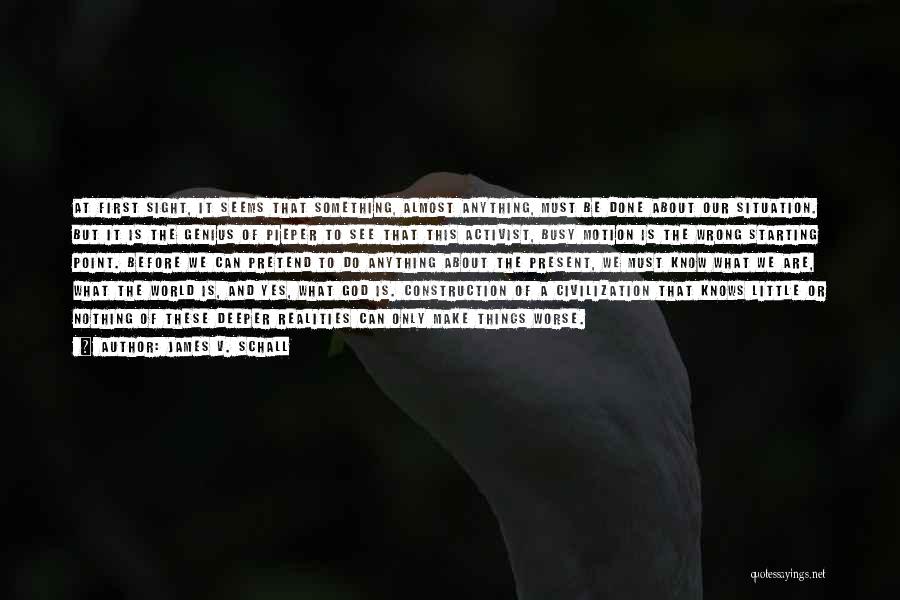 James V. Schall Quotes: At First Sight, It Seems That Something, Almost Anything, Must Be Done About Our Situation. But It Is The Genius
