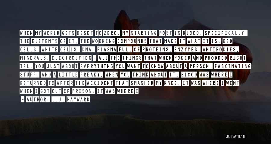 L.J. Hayward Quotes: When My World Gets Reset To Zero, My Starting Post Is Blood. Specifically, The Elements Of It, The Working Compounds