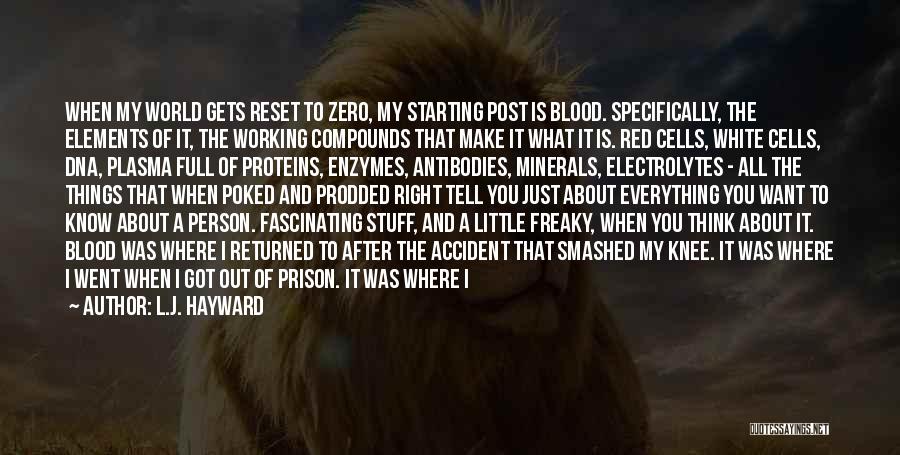 L.J. Hayward Quotes: When My World Gets Reset To Zero, My Starting Post Is Blood. Specifically, The Elements Of It, The Working Compounds