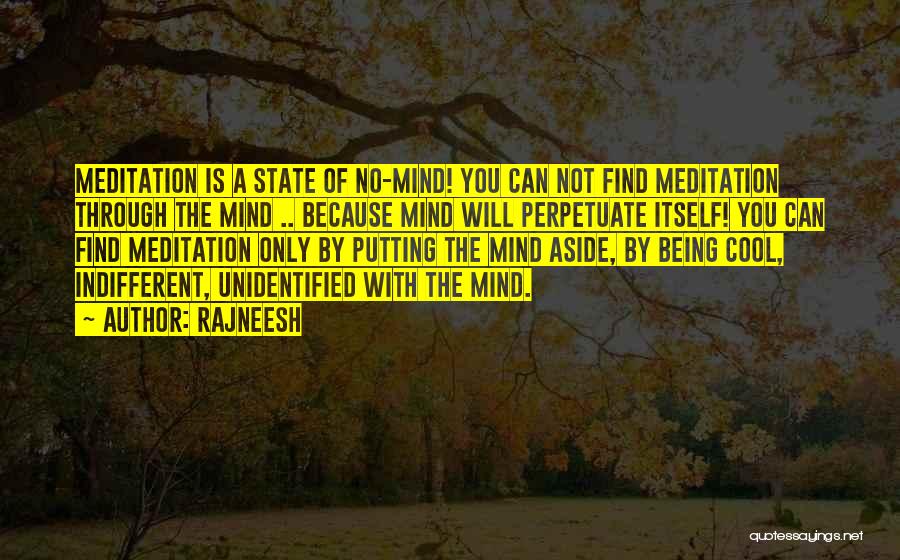 Rajneesh Quotes: Meditation Is A State Of No-mind! You Can Not Find Meditation Through The Mind .. Because Mind Will Perpetuate Itself!