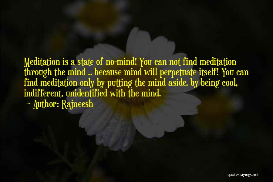 Rajneesh Quotes: Meditation Is A State Of No-mind! You Can Not Find Meditation Through The Mind .. Because Mind Will Perpetuate Itself!