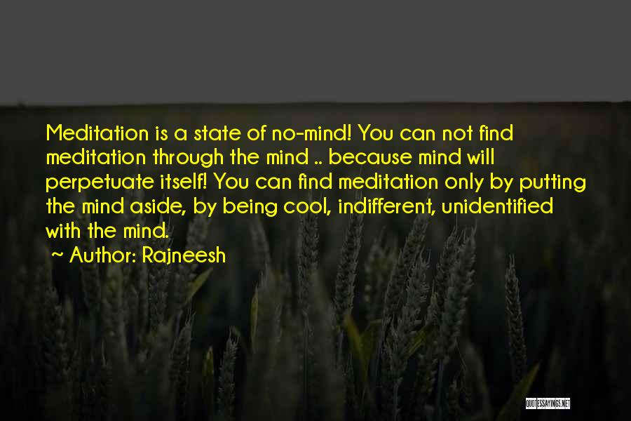 Rajneesh Quotes: Meditation Is A State Of No-mind! You Can Not Find Meditation Through The Mind .. Because Mind Will Perpetuate Itself!