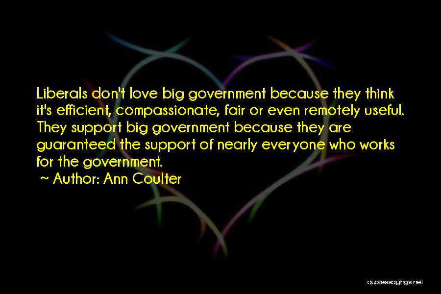 Ann Coulter Quotes: Liberals Don't Love Big Government Because They Think It's Efficient, Compassionate, Fair Or Even Remotely Useful. They Support Big Government