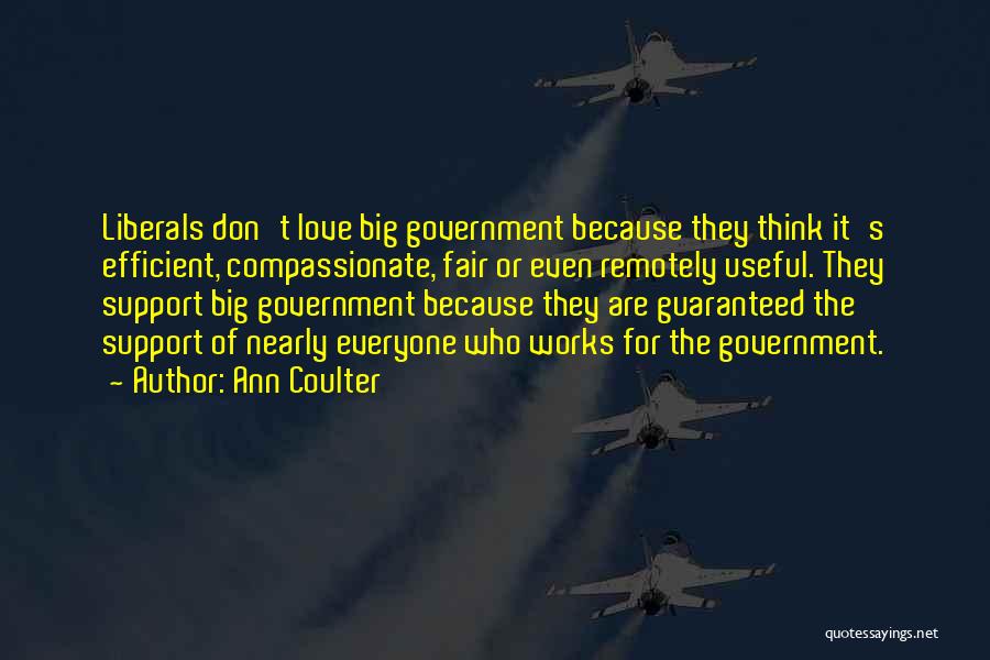 Ann Coulter Quotes: Liberals Don't Love Big Government Because They Think It's Efficient, Compassionate, Fair Or Even Remotely Useful. They Support Big Government