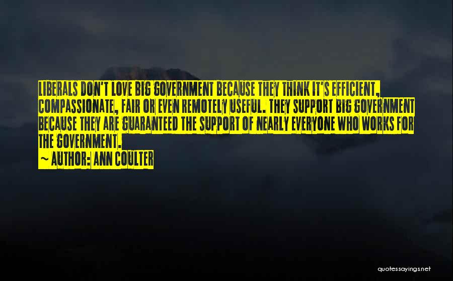 Ann Coulter Quotes: Liberals Don't Love Big Government Because They Think It's Efficient, Compassionate, Fair Or Even Remotely Useful. They Support Big Government
