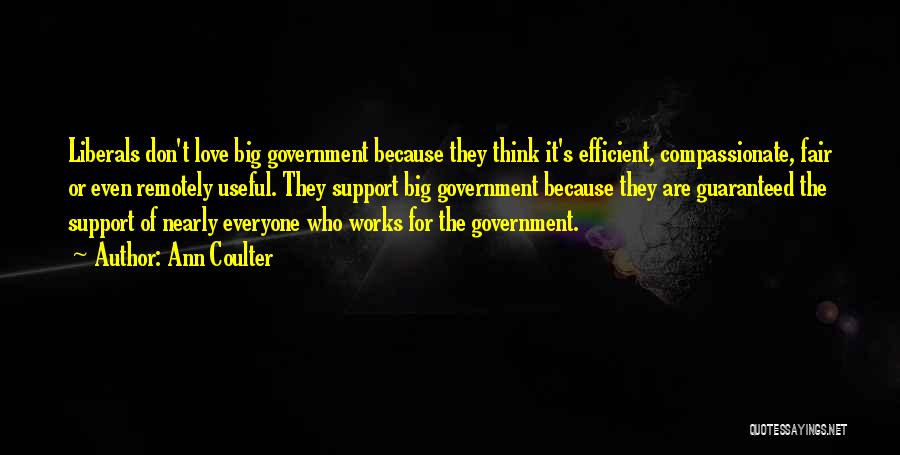 Ann Coulter Quotes: Liberals Don't Love Big Government Because They Think It's Efficient, Compassionate, Fair Or Even Remotely Useful. They Support Big Government