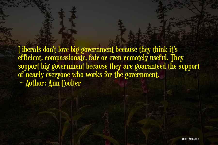 Ann Coulter Quotes: Liberals Don't Love Big Government Because They Think It's Efficient, Compassionate, Fair Or Even Remotely Useful. They Support Big Government