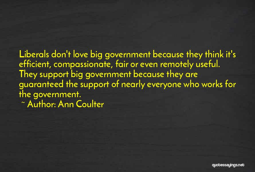 Ann Coulter Quotes: Liberals Don't Love Big Government Because They Think It's Efficient, Compassionate, Fair Or Even Remotely Useful. They Support Big Government