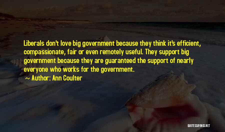 Ann Coulter Quotes: Liberals Don't Love Big Government Because They Think It's Efficient, Compassionate, Fair Or Even Remotely Useful. They Support Big Government