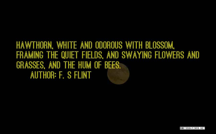 F. S Flint Quotes: Hawthorn, White And Odorous With Blossom, Framing The Quiet Fields, And Swaying Flowers And Grasses, And The Hum Of Bees.